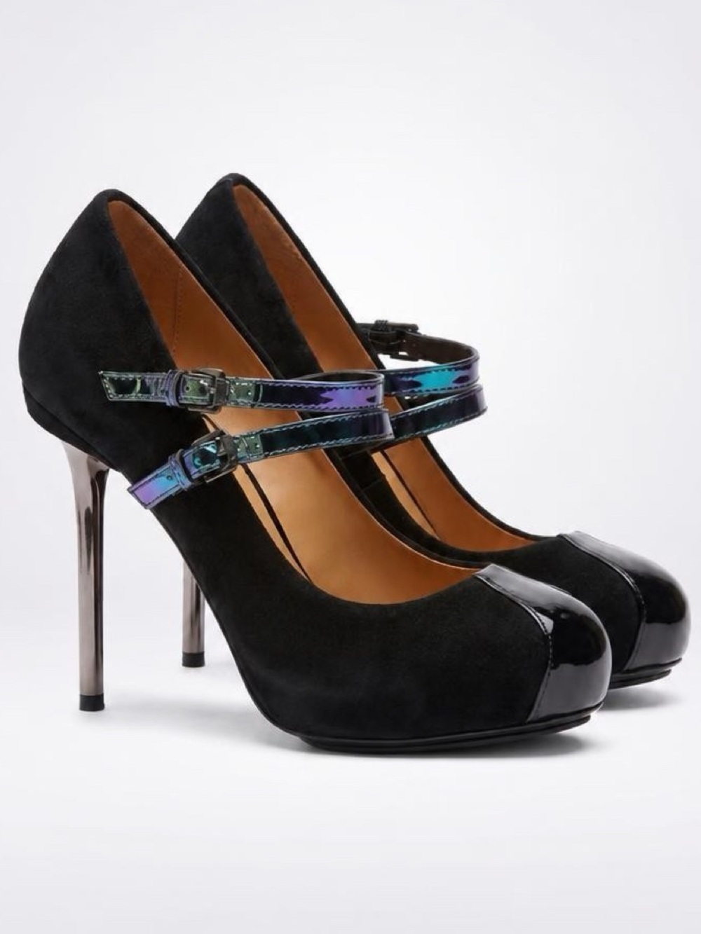 L.A.M.B. Suede &Patent Mary Jane Stilettos, Iridescent Straps/Heels, blk,7.5,EUC